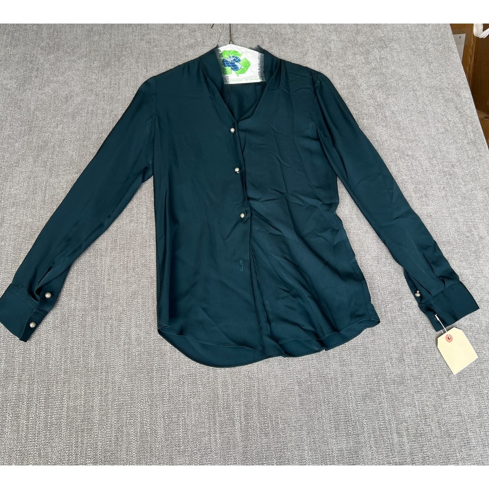 Womens Blouse Top 34B Dark Green Long Sleeve Casual Chic Bohemian Button Front